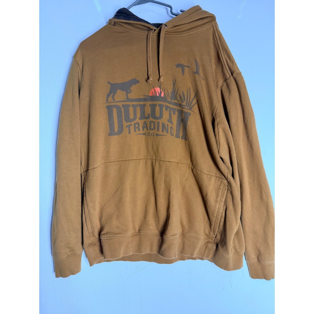 Duluth Trading Co Mens 2XL Relaxed Fit Hoodie Brown Hunting Dog Duck Graphic